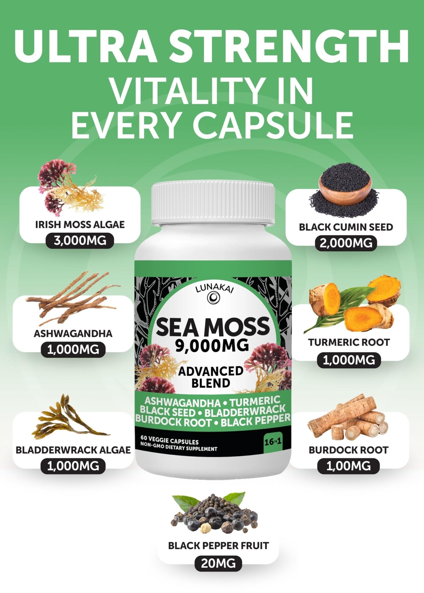 Lunakai USA Made Moringa & Sea Moss Capsules Bundle – 6-in-1 & 16-in-1 Advanced Blends – 60 Non-GMO Veggie Capsules Each - dailyvitalstore