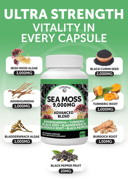 Lunakai USA Made Moringa & Sea Moss Capsules Bundle – 6-in-1 & 16-in-1 Advanced Blends – 60 Non-GMO Veggie Capsules Each - dailyvitalstore