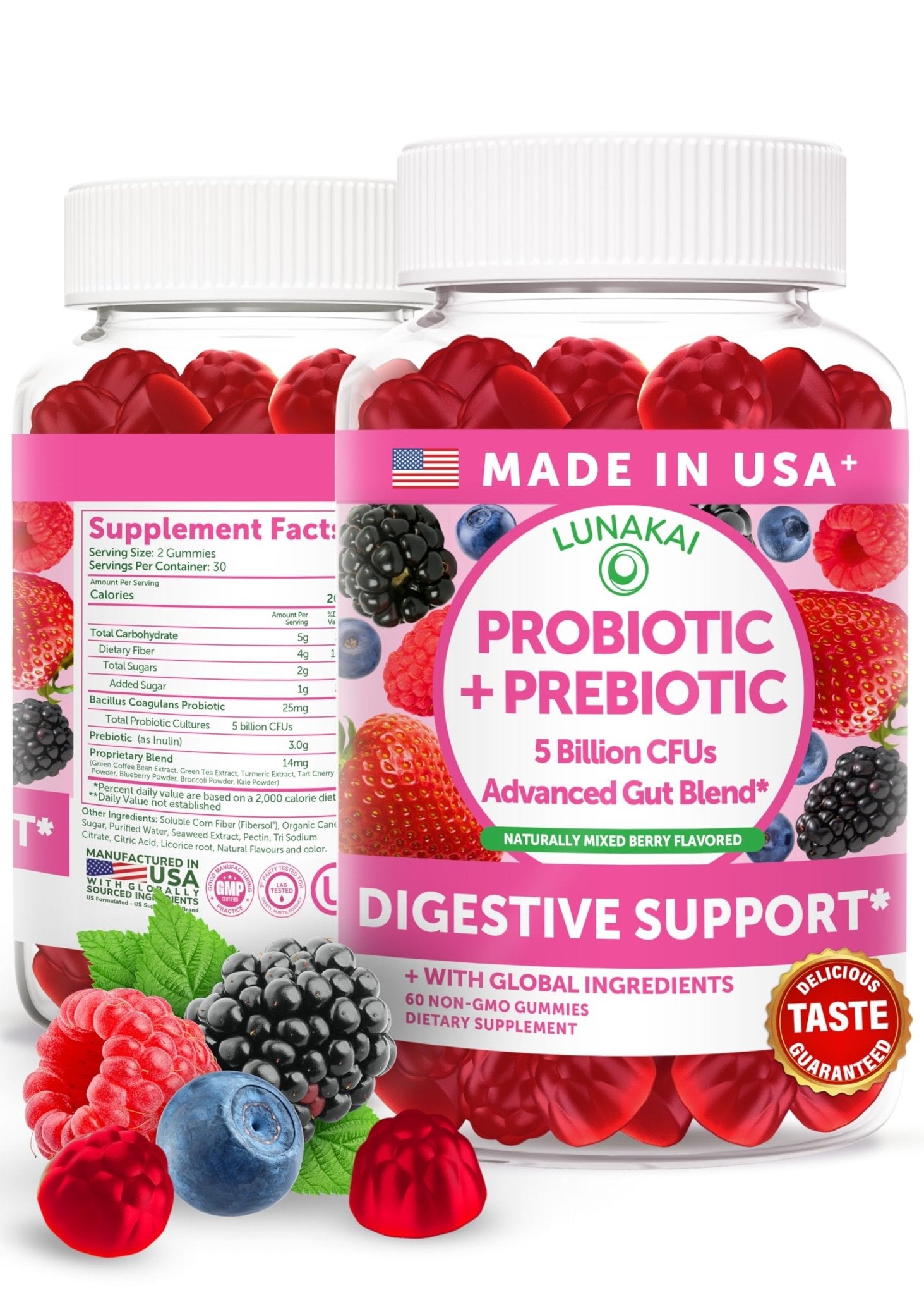 Lunakai USA Made Prebiotic + Probiotic Gummies for Women and Men - High Potency 5 Billion CFUs with Fibers - dailyvitalstore