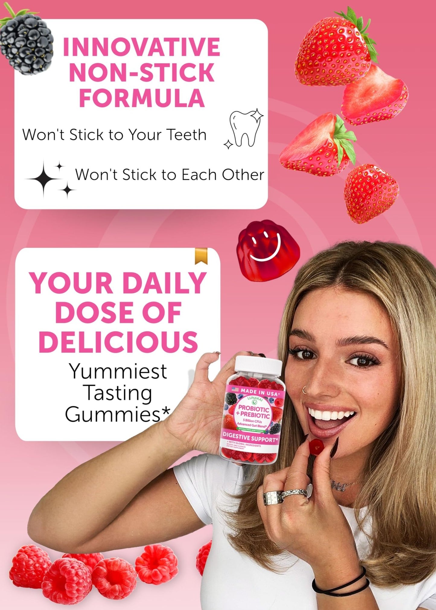 Lunakai USA Made Prebiotic + Probiotic Gummies for Women and Men - High Potency 5 Billion CFUs with Fibers - dailyvitalstore