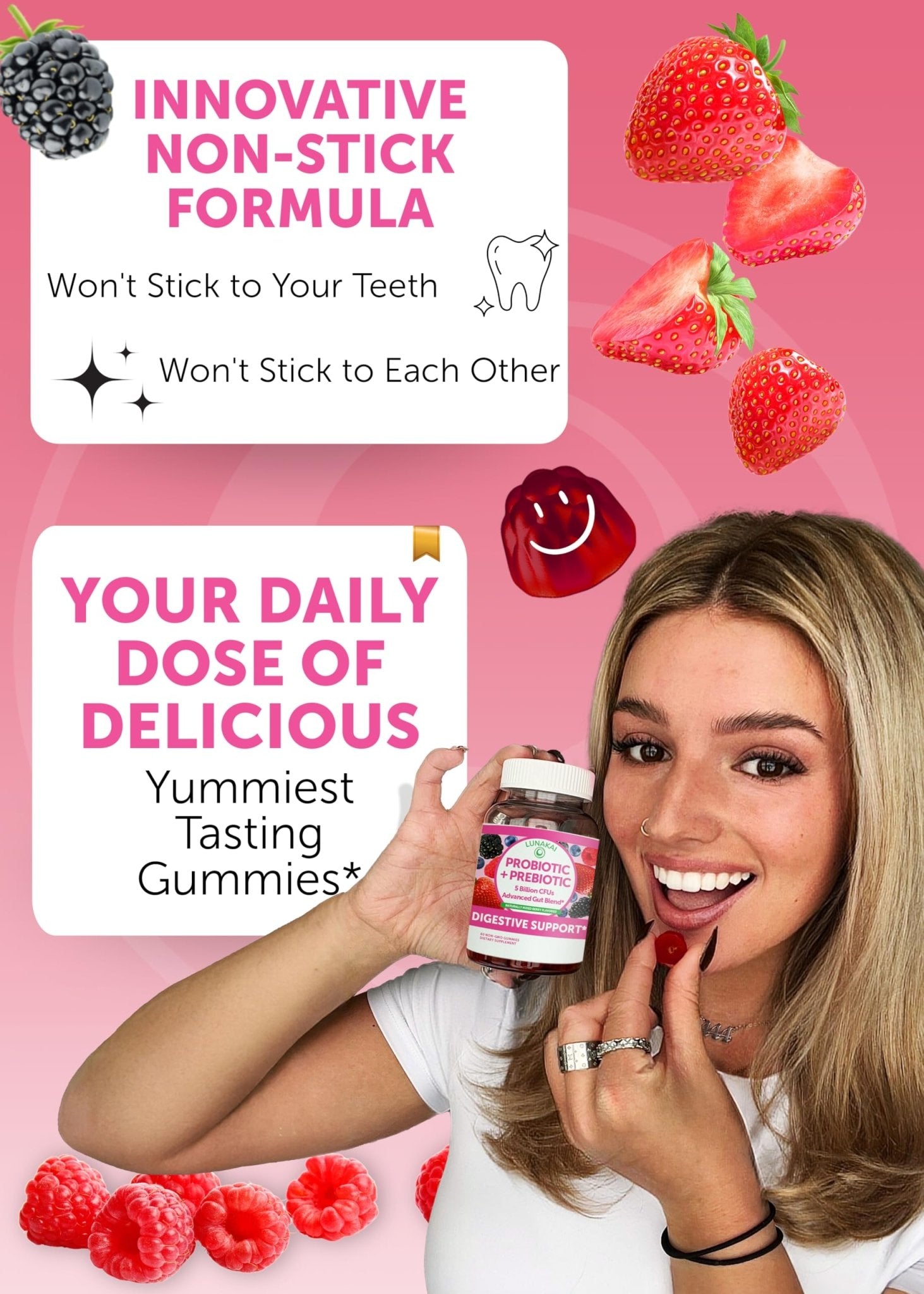 Lunakai USA Made Prebiotic + Probiotic Gummies for Women and Men - High Potency 5 Billion CFUs with Fibers - Non-GMO Gut Health Support - 3 Pack - dailyvitalstore