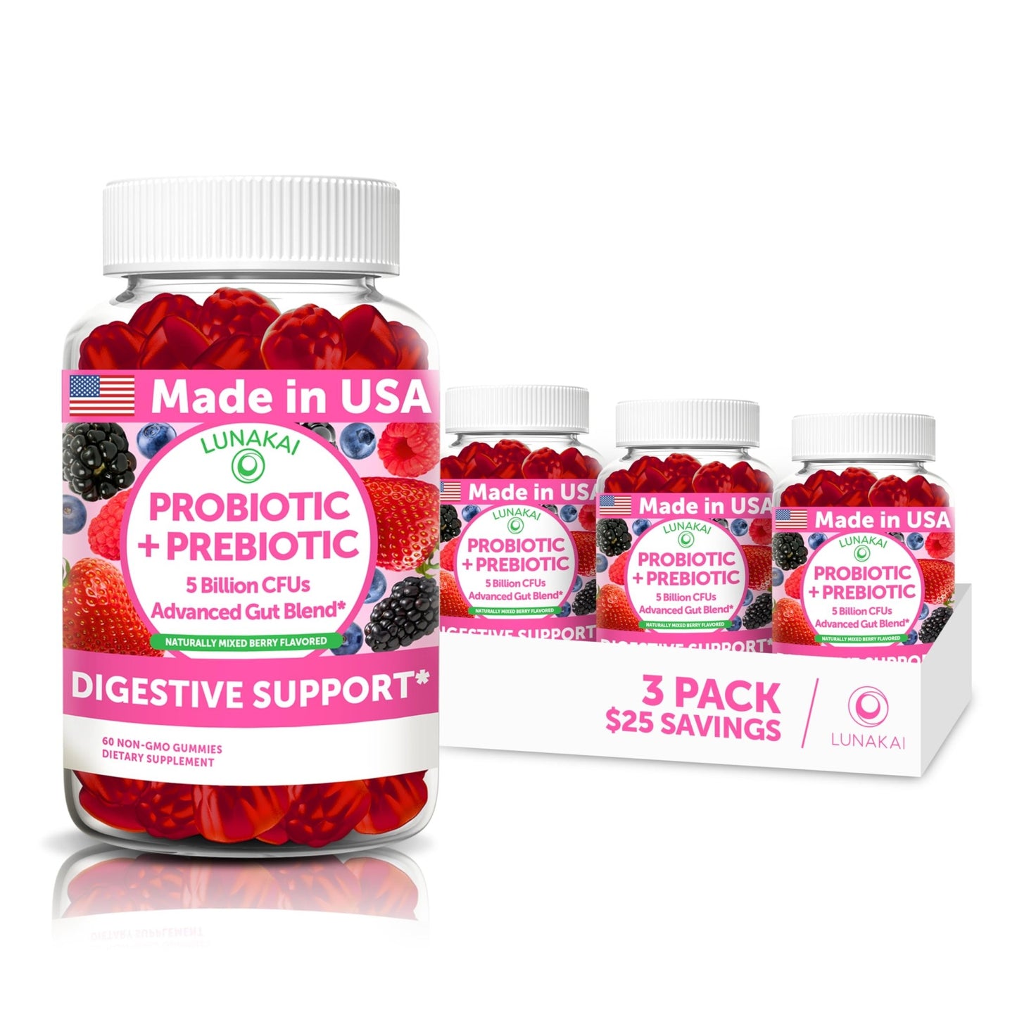 Lunakai USA Made Prebiotic + Probiotic Gummies for Women and Men - High Potency 5 Billion CFUs with Fibers - Non-GMO Gut Health Support - 3 Pack - dailyvitalstore