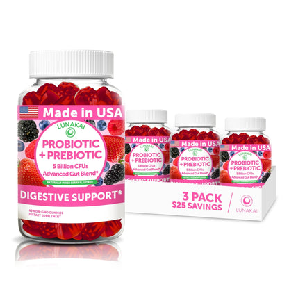 Lunakai USA Made Prebiotic + Probiotic Gummies for Women and Men - High Potency 5 Billion CFUs with Fibers - Non-GMO Gut Health Support - 3 Pack - dailyvitalstore