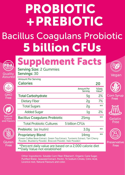 Lunakai USA Made Prebiotic + Probiotic Gummies for Women and Men - High Potency 5 Billion CFUs with Fibers - Non-GMO Gut Health Support - 3 Pack - dailyvitalstore