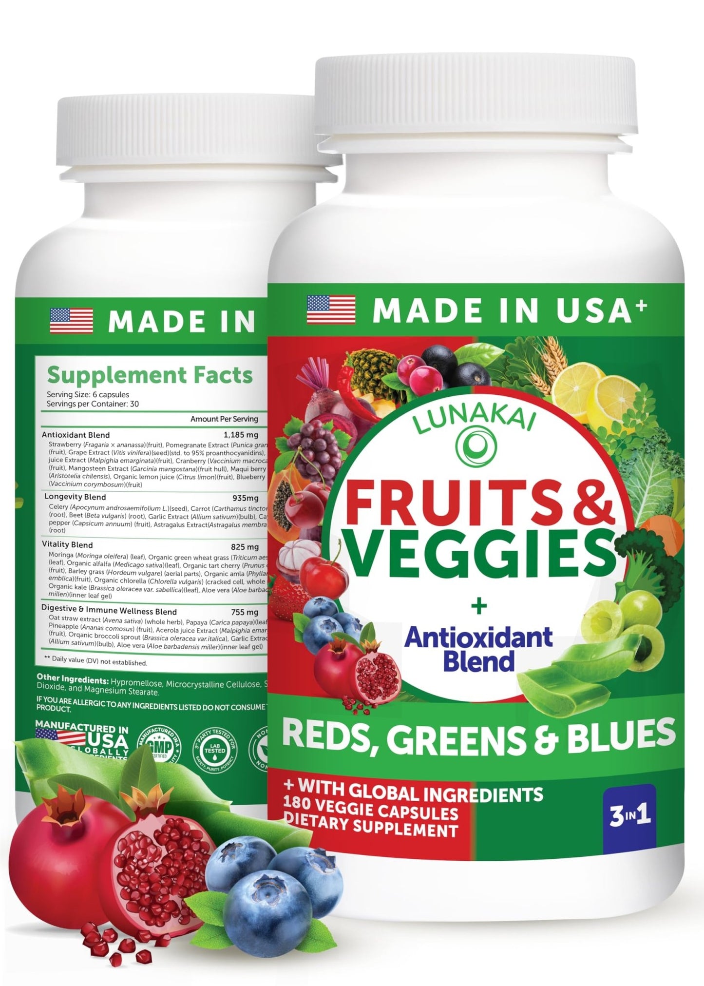 Lunakai USA Made Superfood Fruits & Veggies Supplement - All-in-One with 4 Blends & Scented Capsules, 180ct Super Veggie Capsules for Adults - dailyvitalstore