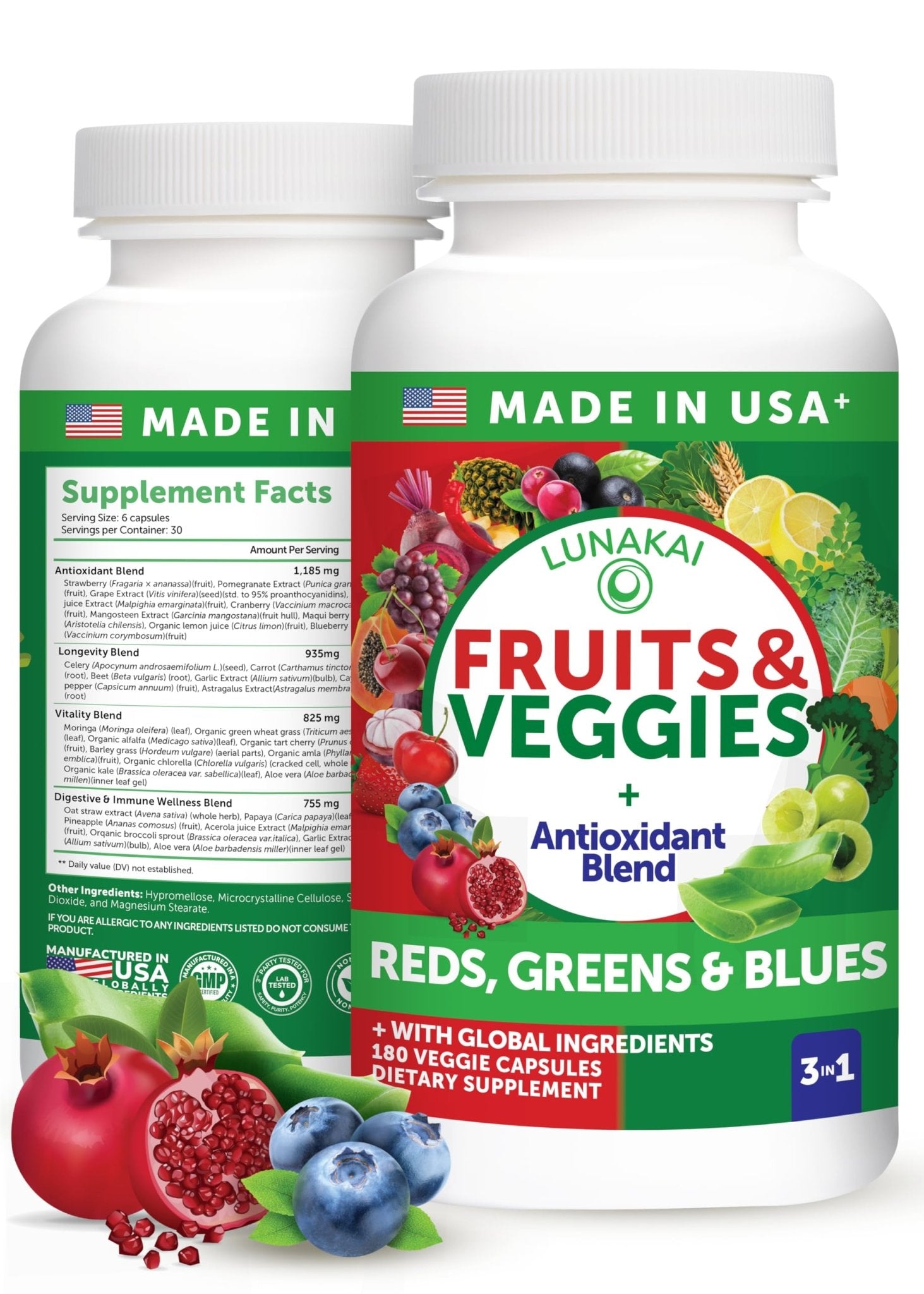 Lunakai USA Made Superfood Fruits & Veggies Supplement - All-in-One with 4 Blends & Scented Capsules, 180ct Super Veggie Capsules for Adults - dailyvitalstore