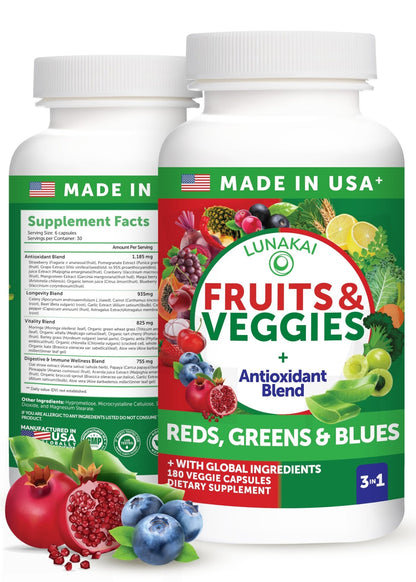 Lunakai USA Made Superfood Fruits & Veggies Supplement - All-in-One with 4 Blends & Scented Capsules, 180ct Super Veggie Capsules for Adults - dailyvitalstore