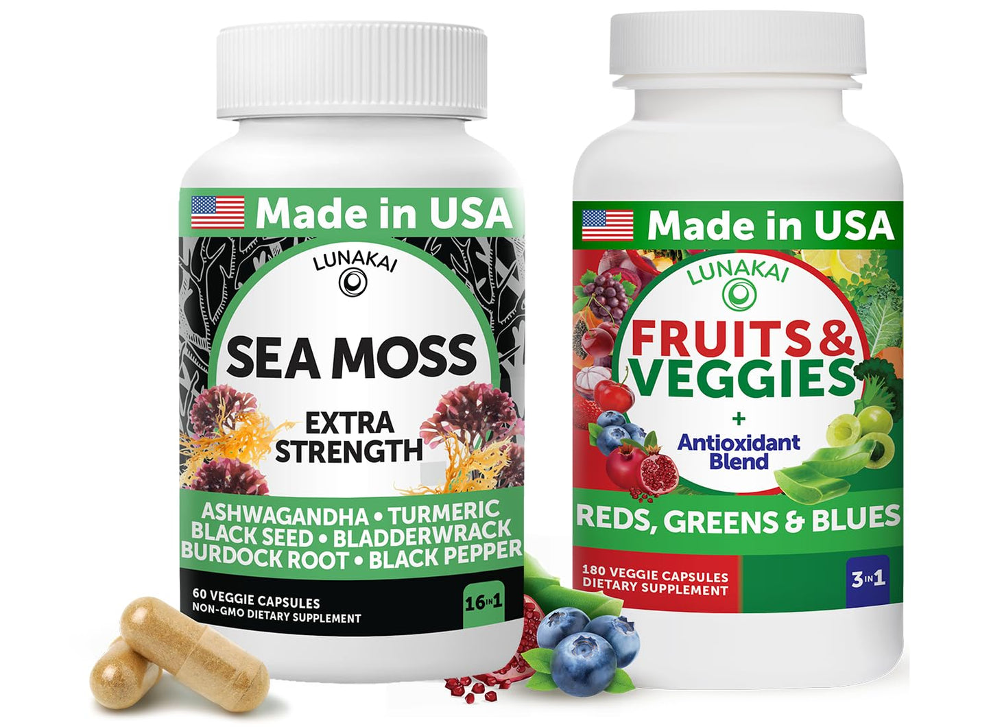 Lunakai USA Made Superfood Fruits & Veggies Supplement & Irish Sea Moss Bundle with 4 Blends, Black Seed Oil & Ashwagandha for Immune & Wellness Support - dailyvitalstore