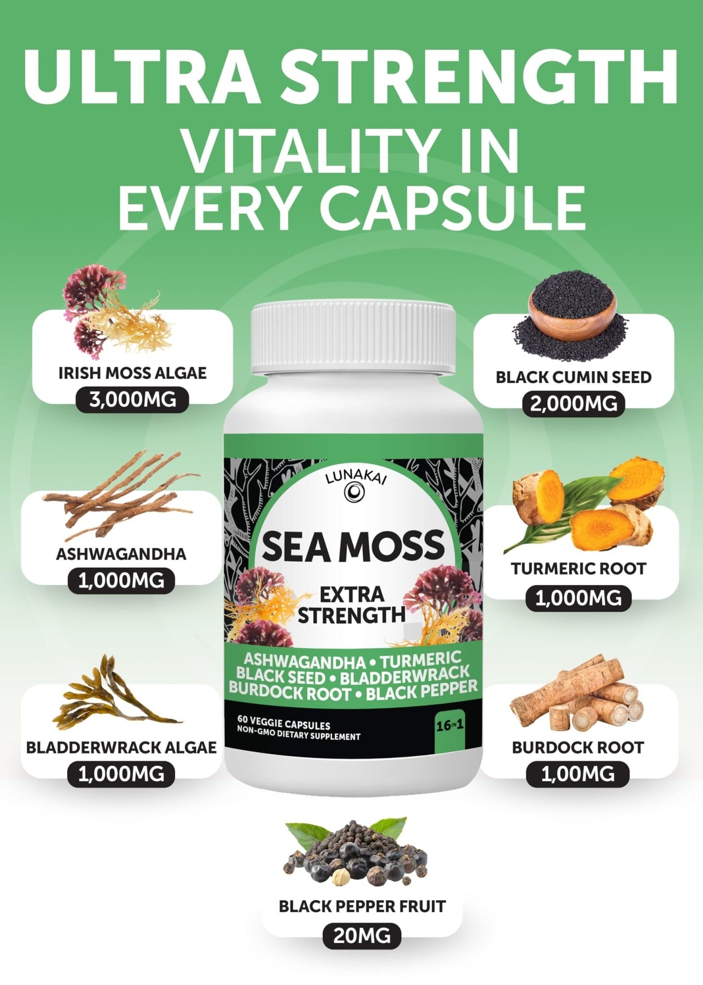 Lunakai USA Made Superfood Fruits & Veggies Supplement & Irish Sea Moss Bundle with 4 Blends, Black Seed Oil & Ashwagandha for Immune & Wellness Support - dailyvitalstore