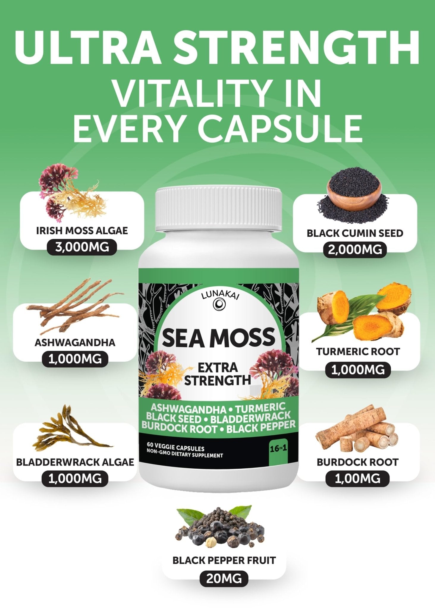 Lunakai USA Made Superfood Fruits & Veggies Supplement & Irish Sea Moss Bundle with 4 Blends, Black Seed Oil & Ashwagandha for Immune & Wellness Support - dailyvitalstore