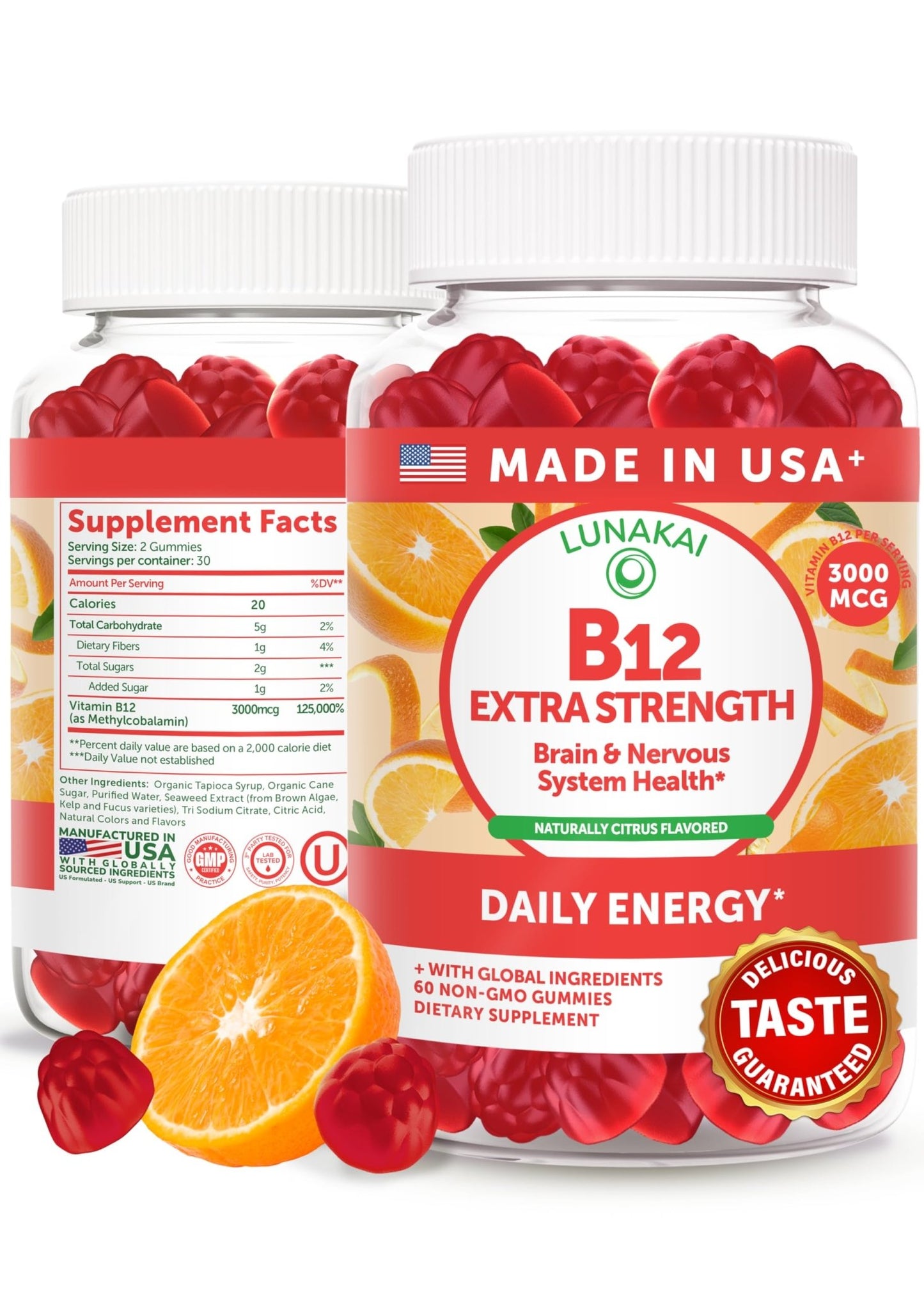 Lunakai USA Made Vitamin B12 Gummies 3000mcg, B12 Vitamins for Energy, Brain & Metabolism Support, Methylcobalamin for Adults, Women & Men, - dailyvitalstore