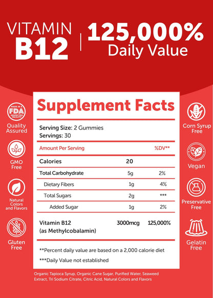 Lunakai USA Made Vitamin B12 Gummies 3000mcg, B12 Vitamins for Energy, Brain & Metabolism Support, Methylcobalamin for Adults, Women & Men, - dailyvitalstore