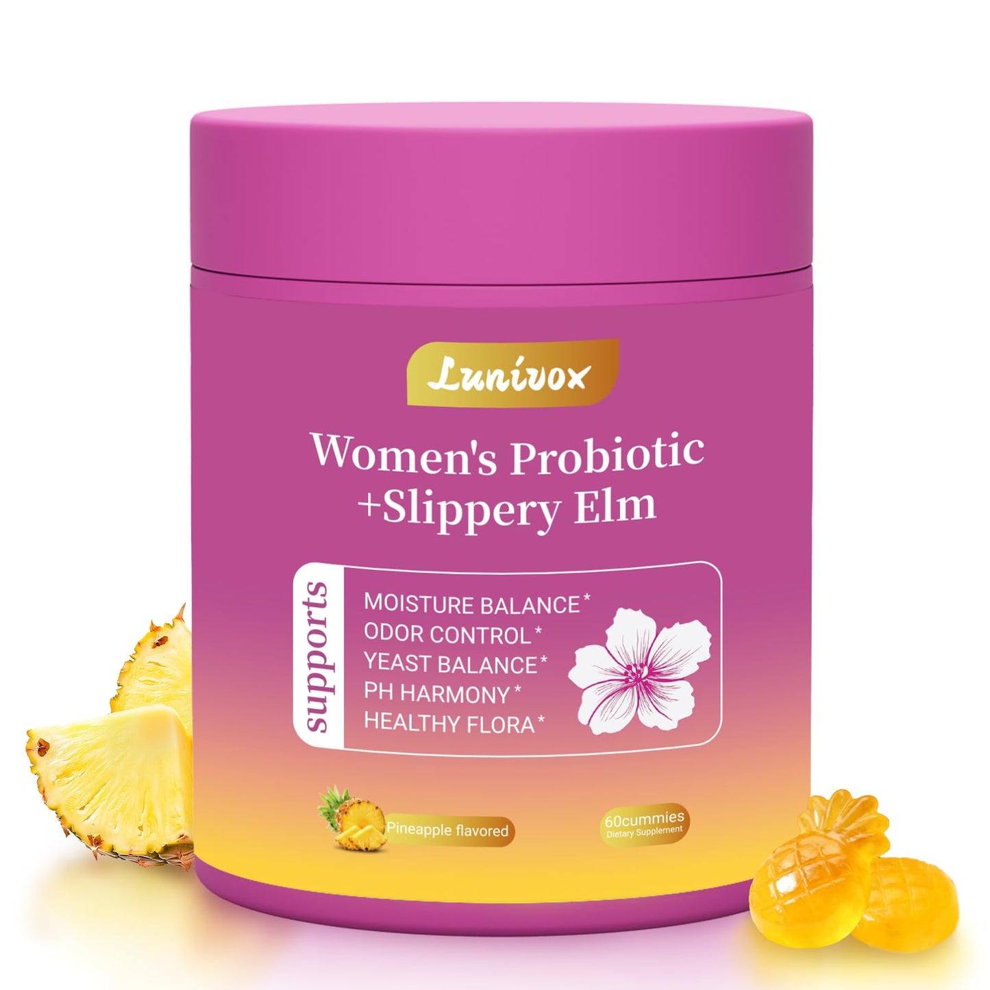 Lunivox Her Juicy Feminine Probiotics Gummies for Women, with Prebiotics & Slippery Elm - Promotes pH Balance, Gut Health & Immune Support - Pineapple Flavor, 60 Count - dailyvitalstore