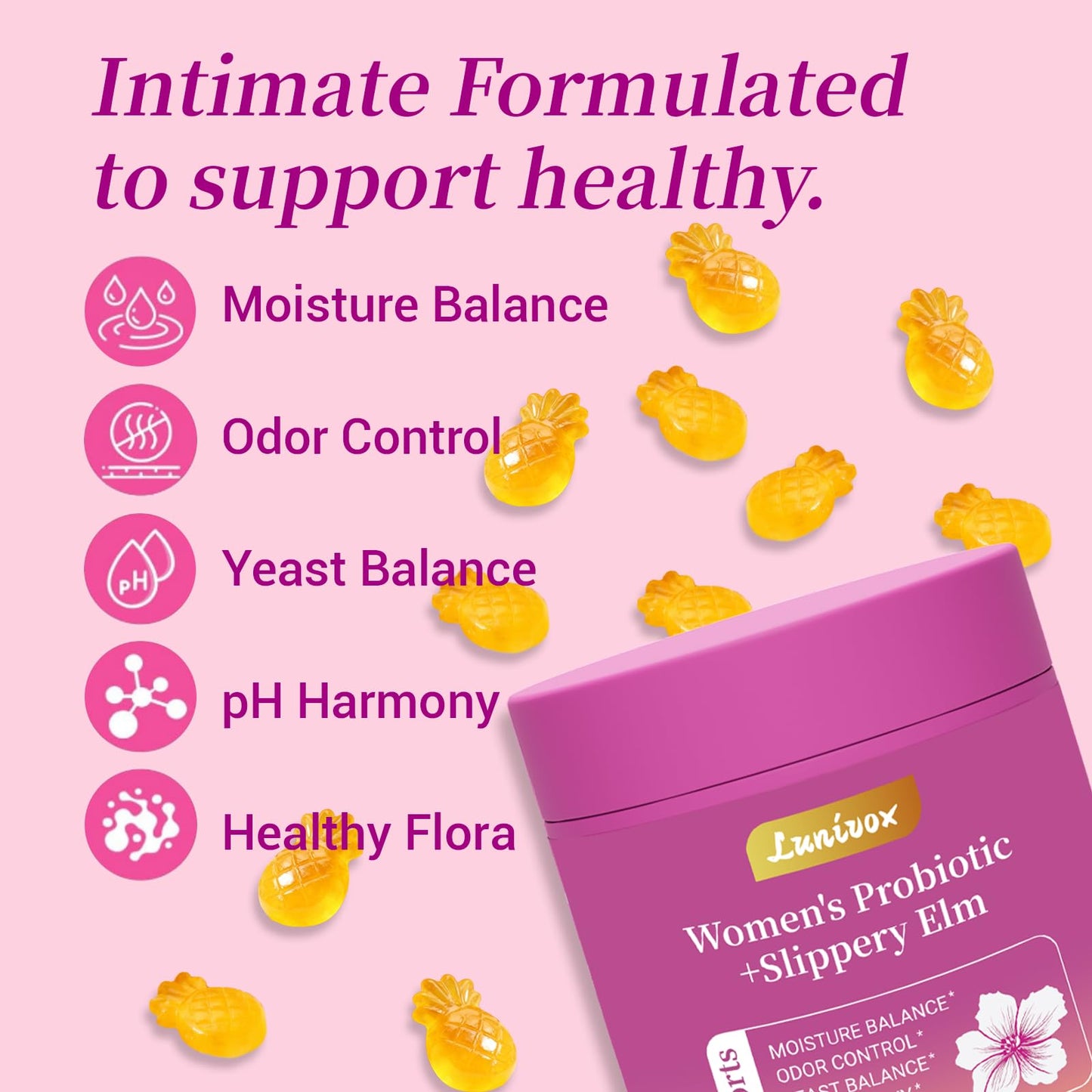 Lunivox Her Juicy Feminine Probiotics Gummies for Women, with Prebiotics & Slippery Elm - Promotes pH Balance, Gut Health & Immune Support - Pineapple Flavor, 60 Count - dailyvitalstore