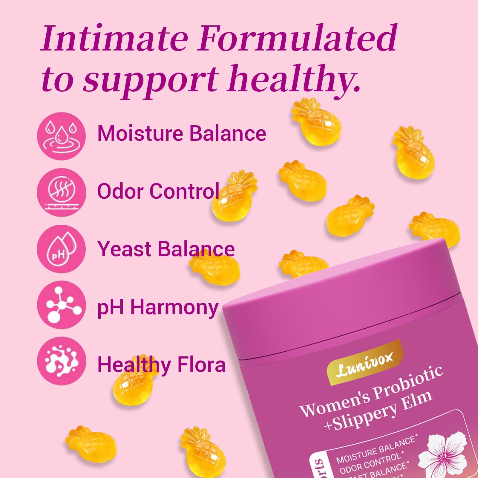 Lunivox Her Juicy Feminine Probiotics Gummies for Women, with Prebiotics & Slippery Elm - Promotes pH Balance, Gut Health & Immune Support - Pineapple Flavor, 60 Count - dailyvitalstore
