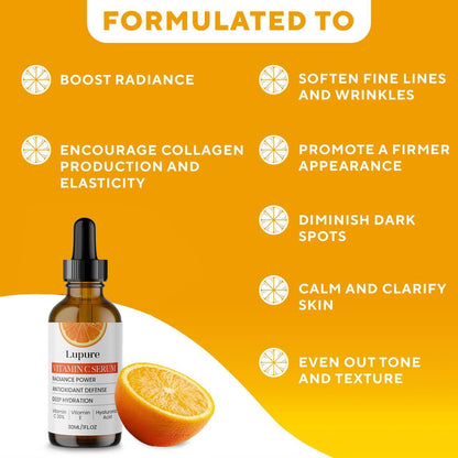 Lupure Professional Vitamin C Face Serum 20%, Anti Aging Facial Super Vit C Serum with Ascorbic Acid Hyaluronic Acid & Vitamin E for Dark Spots, - dailyvitalstore