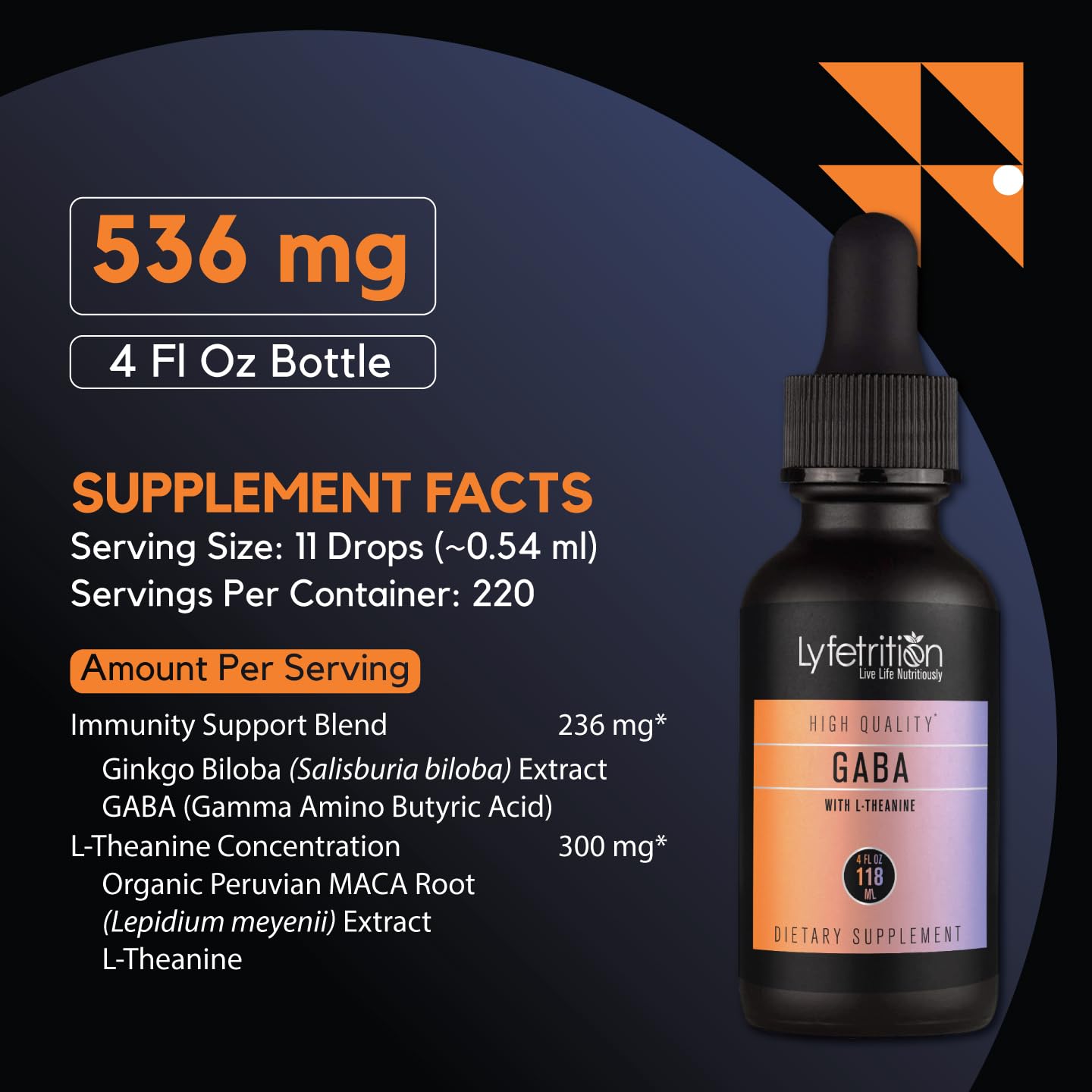 Lyfetrition GABA with L-Theanine, Ginkgo Biloba (Salisburia biloba) Extract, Organic Peruvian MACA Root (Lepidium meyenii) Extract, 118 ml, 4 FL Oz Liquid, 220 Servings, Made in USA, Quick Absorption - dailyvitalstore