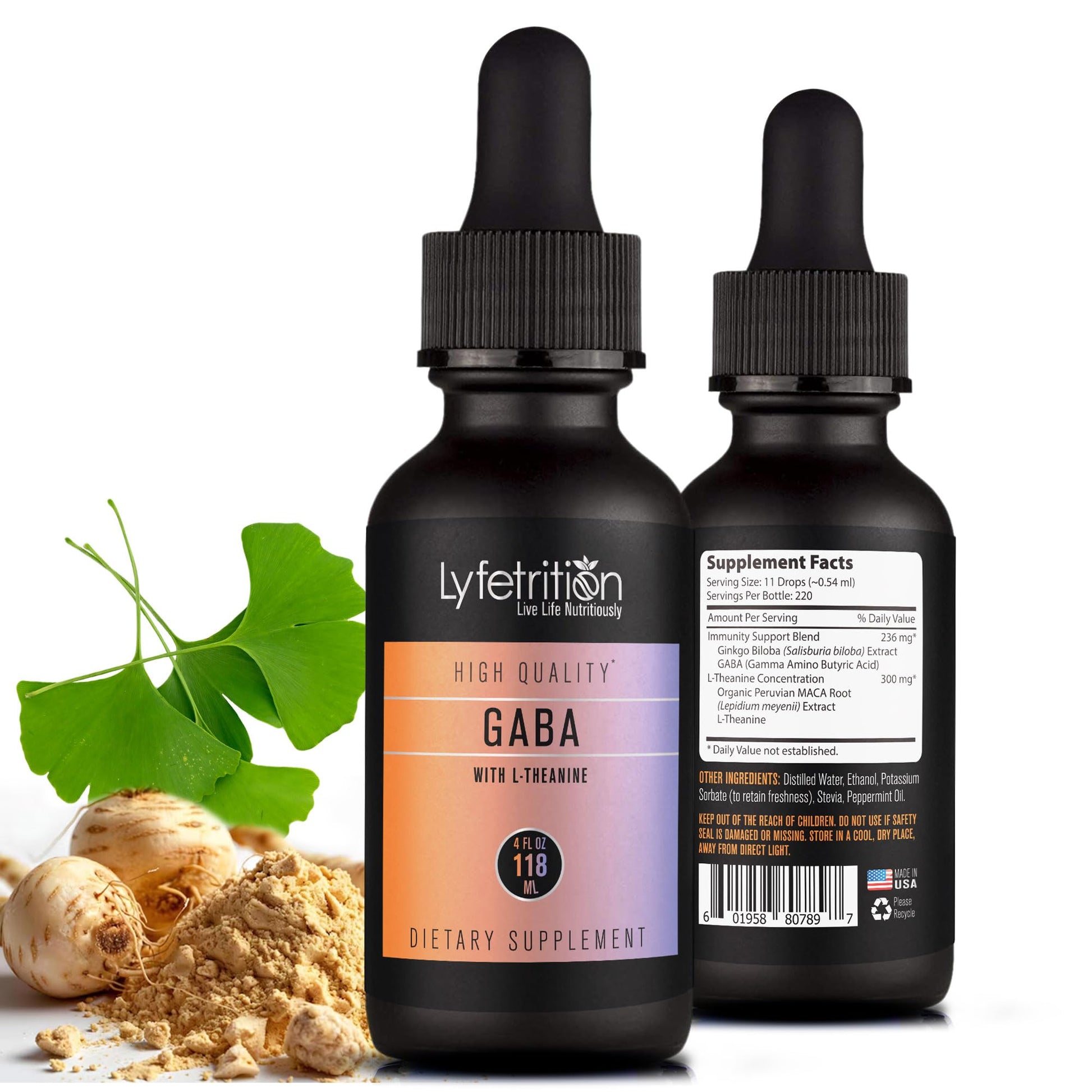 Lyfetrition GABA with L-Theanine, Ginkgo Biloba (Salisburia biloba) Extract, Organic Peruvian MACA Root (Lepidium meyenii) Extract, 118 ml, 4 FL Oz Liquid, 220 Servings, Made in USA, Quick Absorption - dailyvitalstore