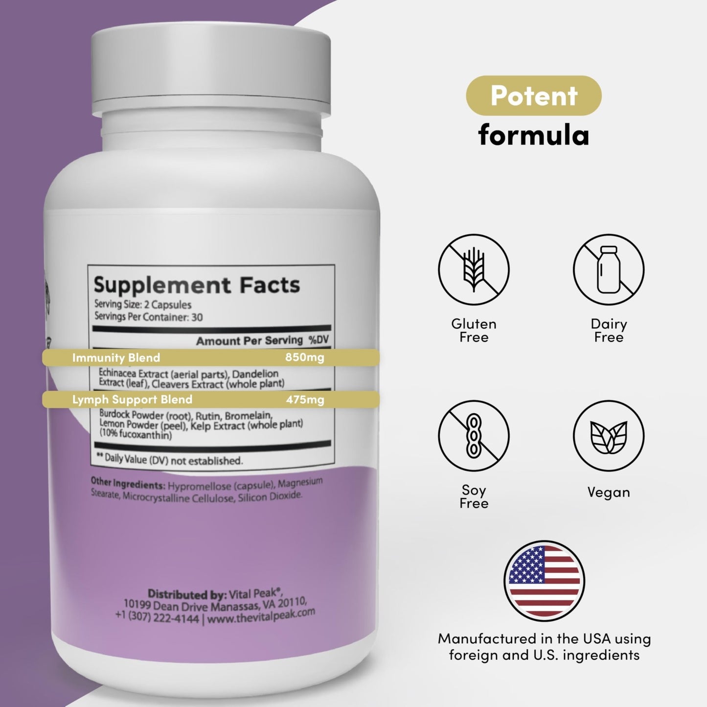 Lymph Peak - Lymphatic Drainage Supplements - Lymph System Support - with Burdock Root, Echinacea Extract, Bromelain, Dandelion Extract & More - Vegan, Non GMO, Gluten Free - 60 Capsules - dailyvitalstore