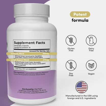Lymph Peak - Lymphatic Drainage Supplements - Lymph System Support - with Burdock Root, Echinacea Extract, Bromelain, Dandelion Extract & More - Vegan, Non GMO, Gluten Free - 60 Capsules - dailyvitalstore