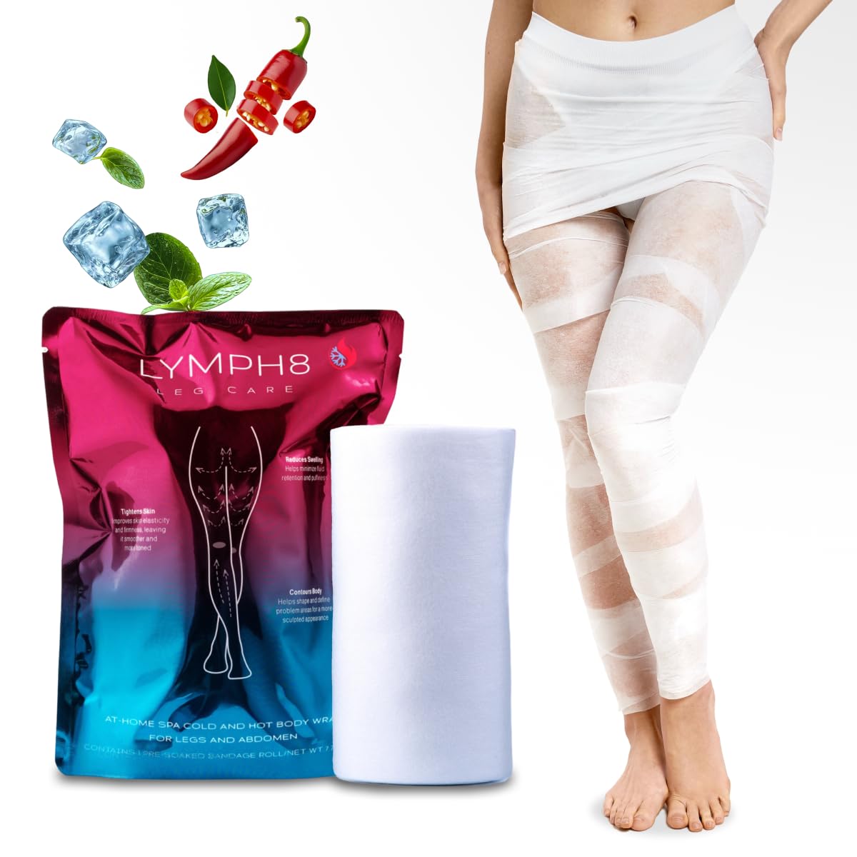 LYMPH8 Thermo-Active Body Wrap Hot and Cold Lymphatic Drainage & Sculpting Treatment for Legs&Stomach Helps Smooth,Tone&Firm the Skin With Caffeine, Niacinamide & Capsicum Extract 40 ft Pre-Soaked - dailyvitalstore
