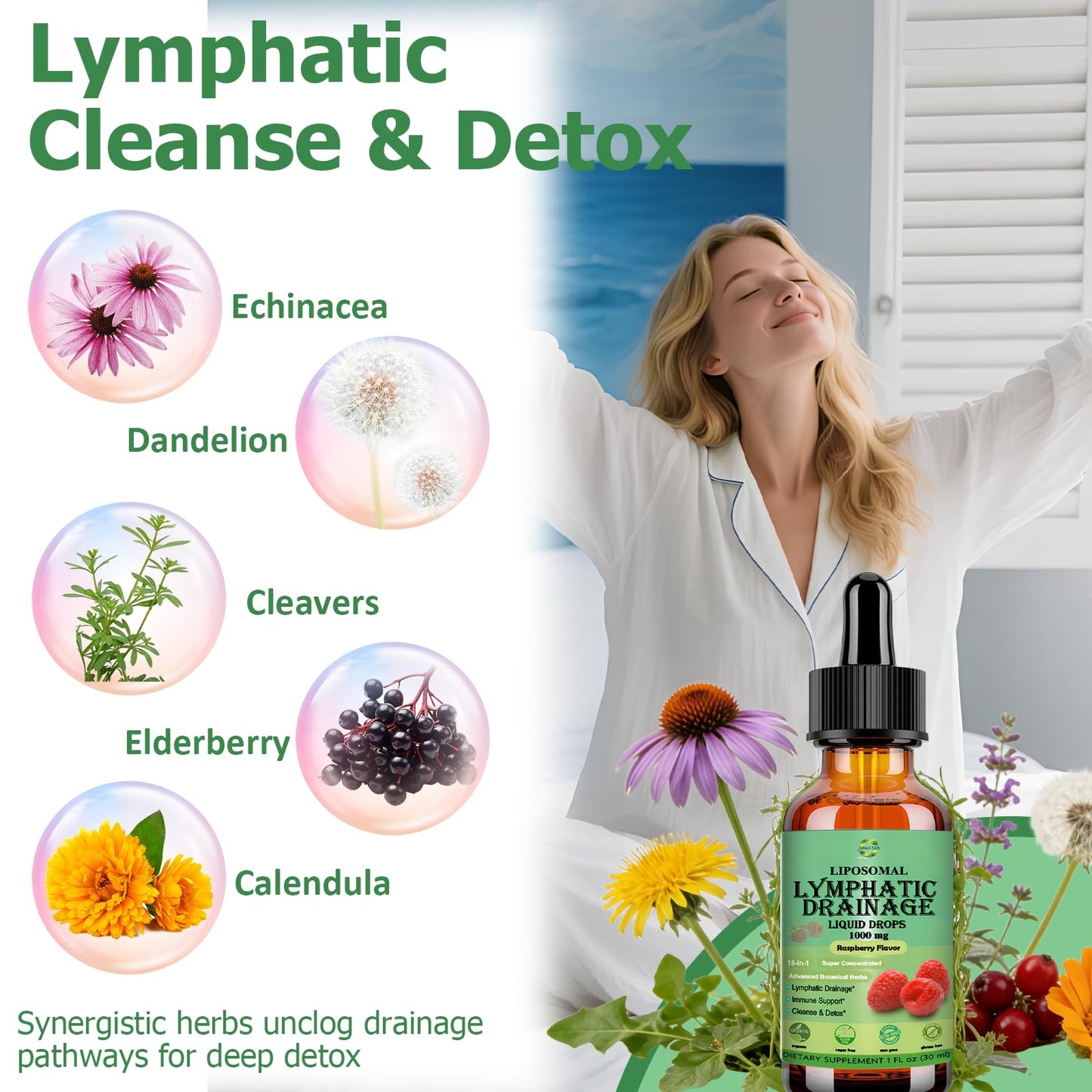 Lymphatic Drainage Drops, 18-in-1 Herbal Lymph System Support w. Echinacea Elderberry Dandelion Burdock Root Cleavers for Lymphatic Cleanse Detox Immune Support, Liposoaml for Max Absorption - dailyvitalstore
