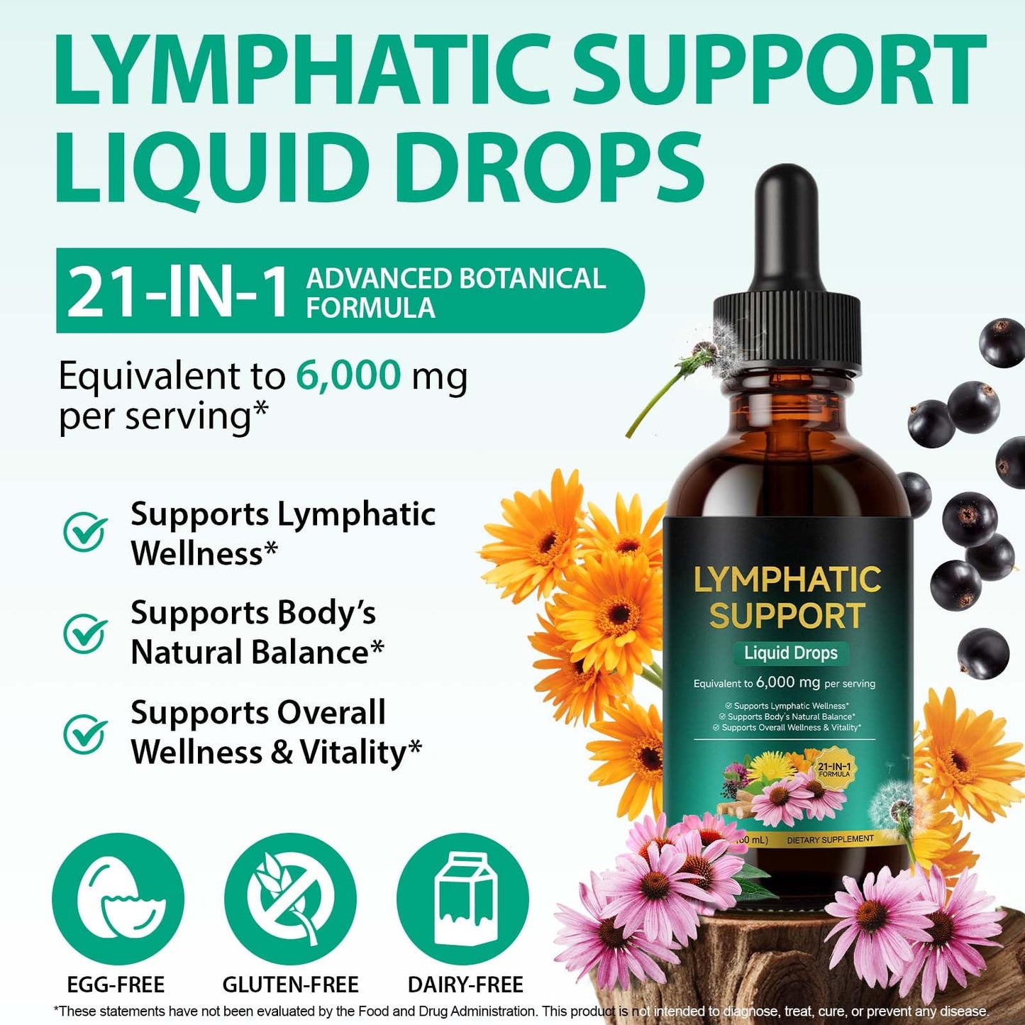 Lymphatic Drainage Drops 21-in-1 | 6000mg Herbal Blend | Lymph System Support Supplement | with Echinacea, Dandelion, Burdock, Calendula, Turmeric & More | for Women & Men | 60ml - dailyvitalstore