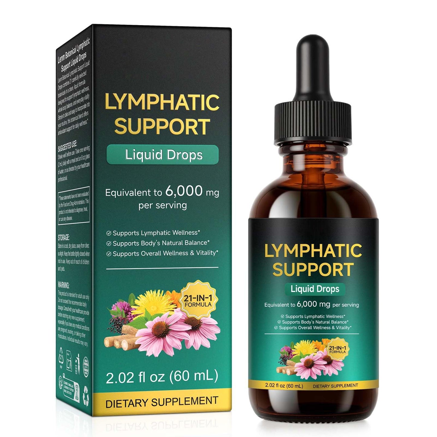 Lymphatic Drainage Drops 21-in-1 | 6000mg Herbal Blend | Lymph System Support Supplement | with Echinacea, Dandelion, Burdock, Calendula, Turmeric & More | for Women & Men | 60ml - dailyvitalstore