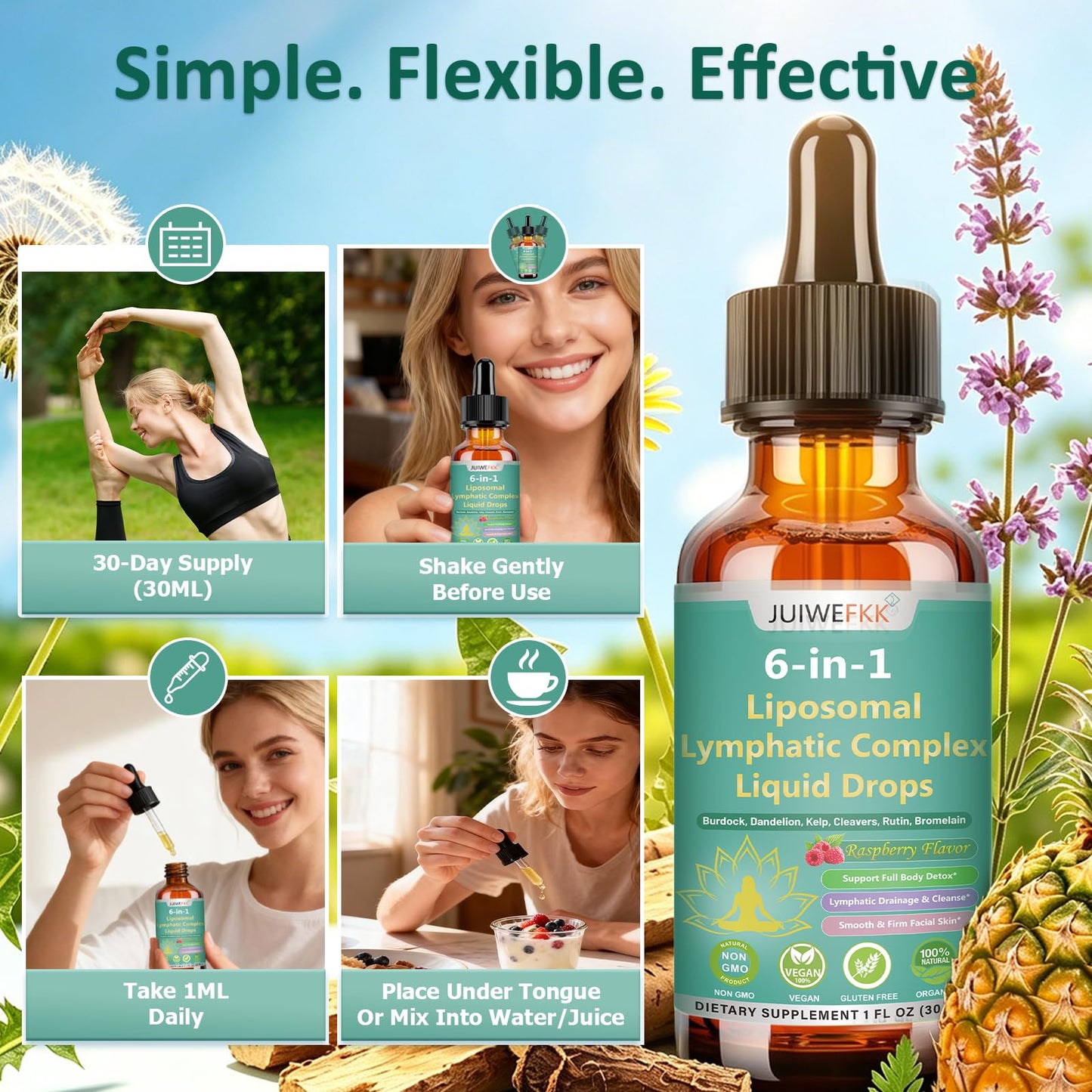 Lymphatic Drainage Drops, 6-IN-1 Lymphatic Complex w. Burdock Dandelion Kelp Cleavers, New Maximum Potency Lymph System Support for Bloat Balance Cortisol Immune Full Body Detox & Skin Vitality - dailyvitalstore
