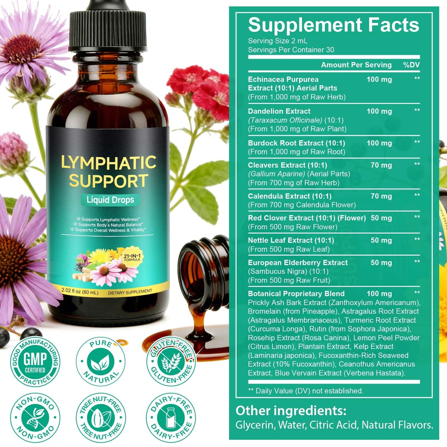 Lymphatic Drainage Drops, Support Supplement with Echinacea, Dandelion, Elderberry, Cleavers, Astragalus, Burdock & More, 2 FL OZ - Natural Lymphatic Cleanse & Immune Support - dailyvitalstore