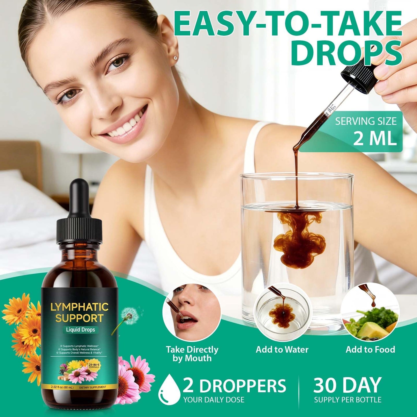 Lymphatic Drainage Drops, Support Supplement with Echinacea, Dandelion, Elderberry, Cleavers, Astragalus, Burdock & More, 2 FL OZ - Natural Lymphatic Cleanse & Immune Support - dailyvitalstore
