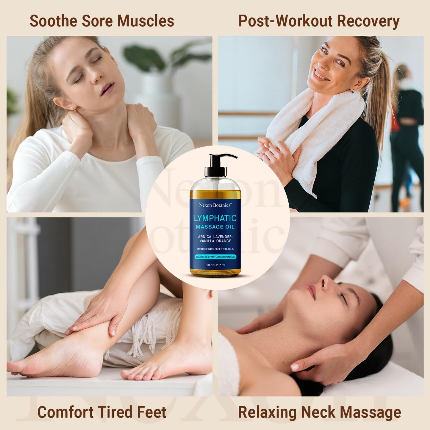 Lymphatic Drainage Massage Oil for Massage Therapy 8 fl oz - Refreshing and Relaxing - Natural Oils with Arnica, Vanilla and Lavender Oil - for Men and Women - Nexon Botanics - dailyvitalstore