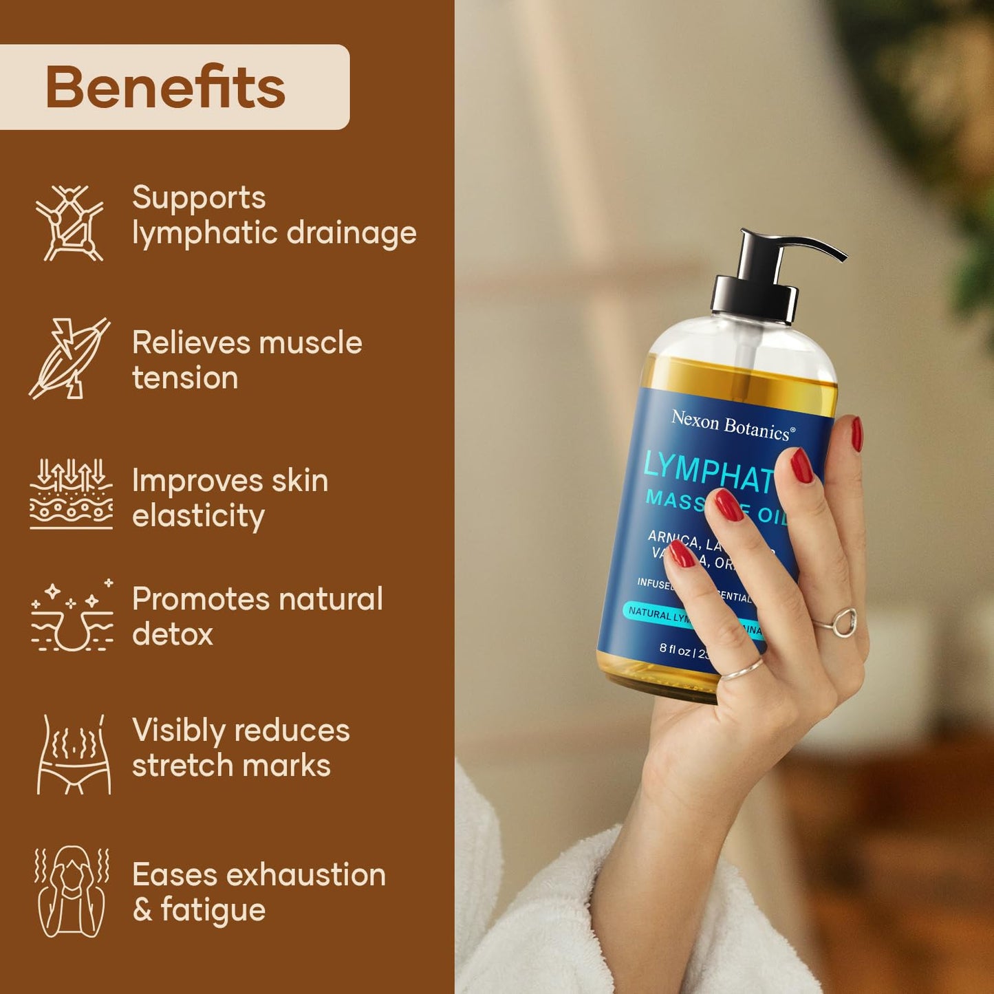 Lymphatic Drainage Massage Oil for Massage Therapy 8 fl oz - Refreshing and Relaxing - Natural Oils with Arnica, Vanilla and Lavender Oil - for Men and Women - Nexon Botanics - dailyvitalstore