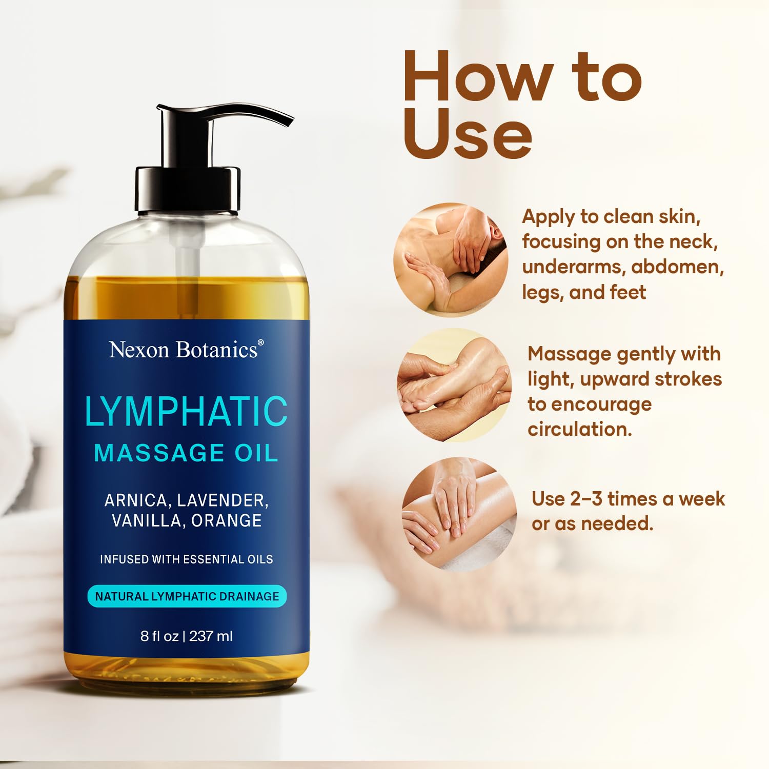 Lymphatic Drainage Massage Oil for Massage Therapy 8 fl oz - Refreshing and Relaxing - Natural Oils with Arnica, Vanilla and Lavender Oil - for Men and Women - Nexon Botanics - dailyvitalstore