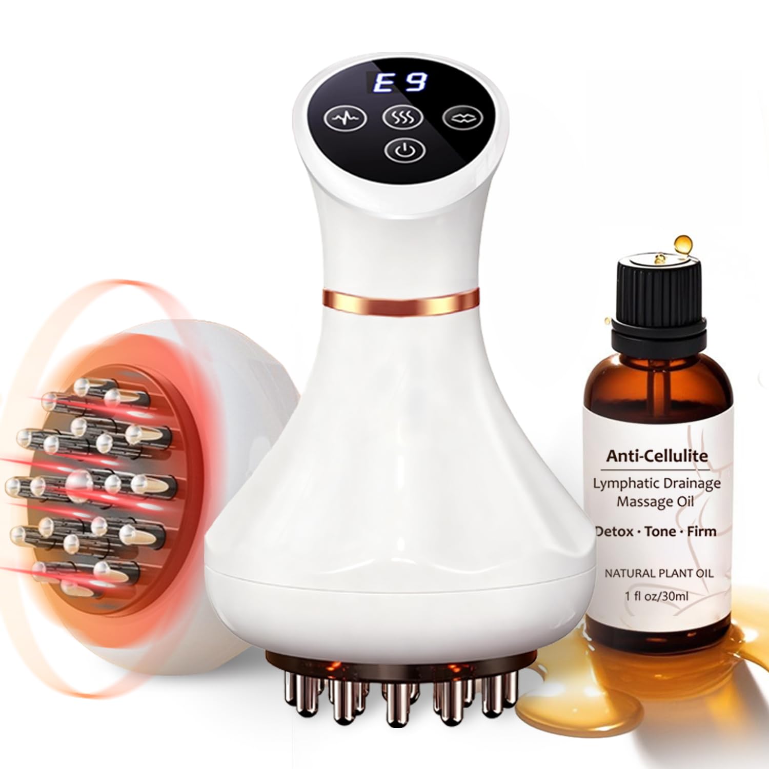 Lymphatic Drainage Massager & Anti Cellulite Massage Tool Helps Reduce Stretch Marks & Cellulite, Body Sculpting Machine For Legs, Arms & Belly with Microcurrent, Light, Heat & Vibration，With Body Oil - dailyvitalstore