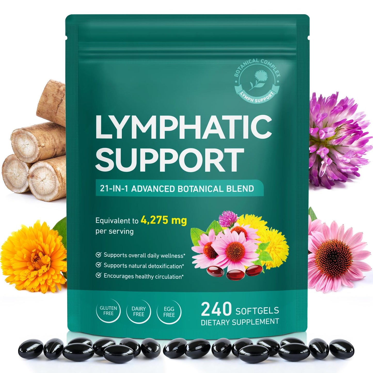 Lymphatic Drainage Supplement – 4,275 mg 21-in-1 Botanical Complex, Echinacea, Burdock Root, Red Clover, Elderberry & Dandelion, Supports Natural Detox & Healthy Circulation, 240 Softgels - dailyvitalstore