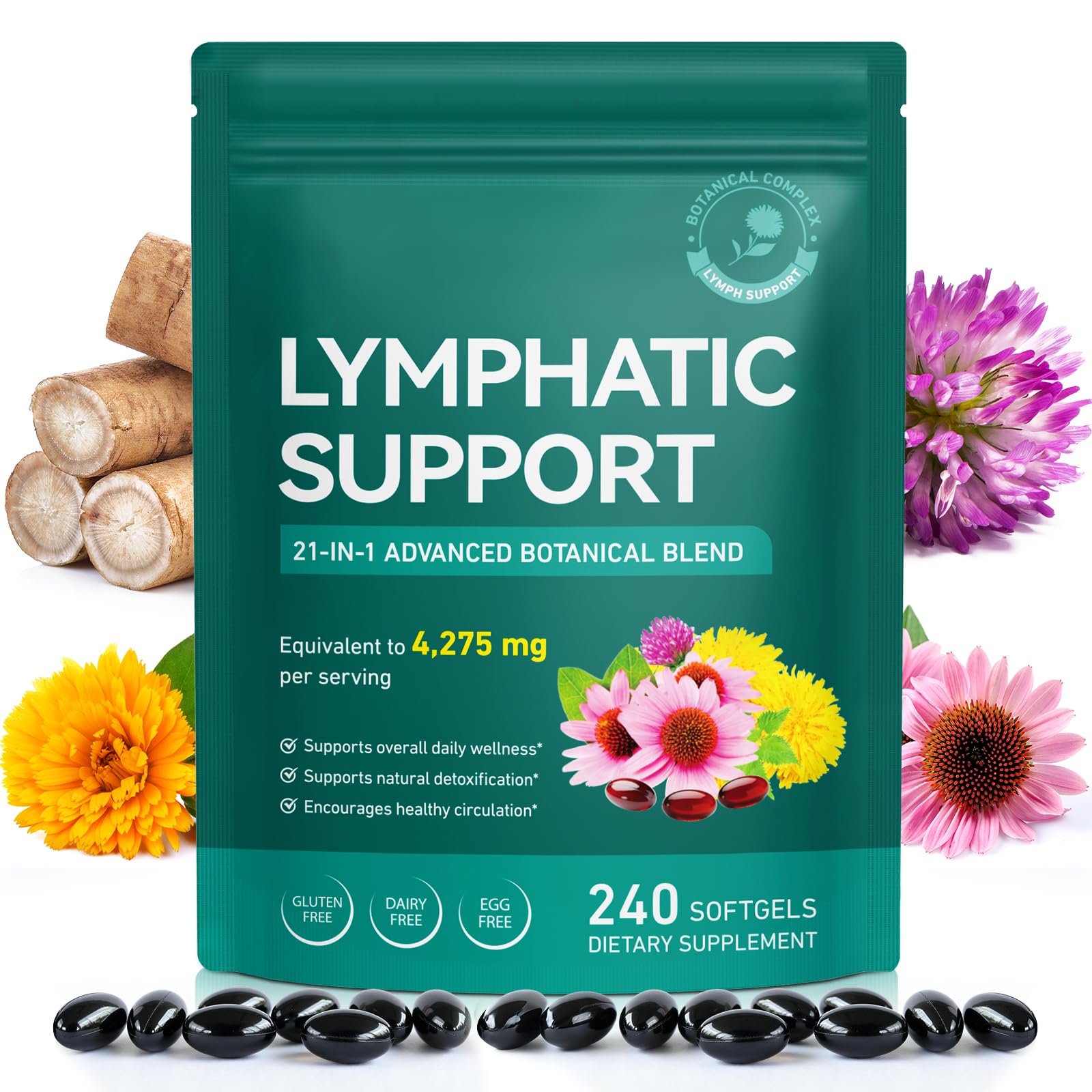 Lymphatic Drainage Supplement – 4,275 mg 21-in-1 Botanical Complex, Echinacea, Burdock Root, Red Clover, Elderberry & Dandelion, Supports Natural Detox & Healthy Circulation, 240 Softgels - dailyvitalstore