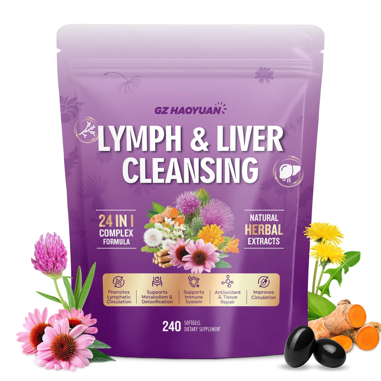 Lymphatic Drainage Supplement, Liver Cleanse Detox & Repair, 24-in-1 Herbal Blend with Echinacea, Dandelion, Burdock, Bromelain, Calendula, Turmeric - Lymph System Support, Less Bloating, 240 Softgels - dailyvitalstore