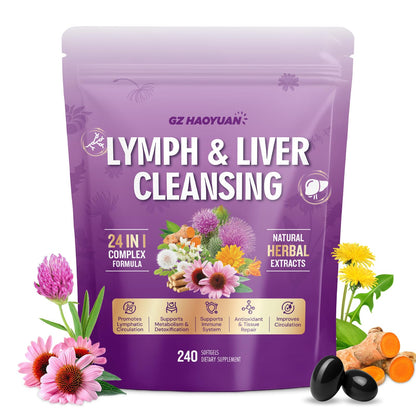 Lymphatic Drainage Supplement, Liver Cleanse Detox & Repair, 24-in-1 Herbal Blend with Echinacea, Dandelion, Burdock, Bromelain, Calendula, Turmeric - Lymph System Support, Less Bloating, 240 Softgels - dailyvitalstore