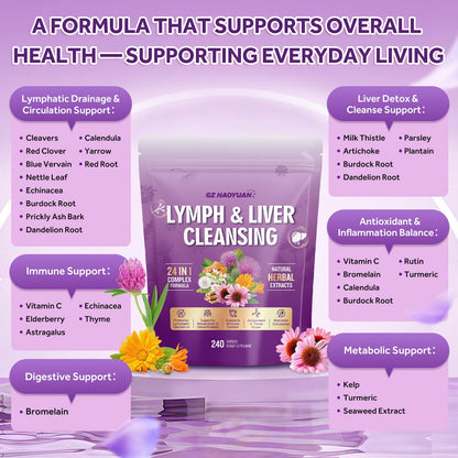 Lymphatic Drainage Supplement, Liver Cleanse Detox & Repair, 24-in-1 Herbal Blend with Echinacea, Dandelion, Burdock, Bromelain, Calendula, Turmeric - Lymph System Support, Less Bloating, 240 Softgels - dailyvitalstore
