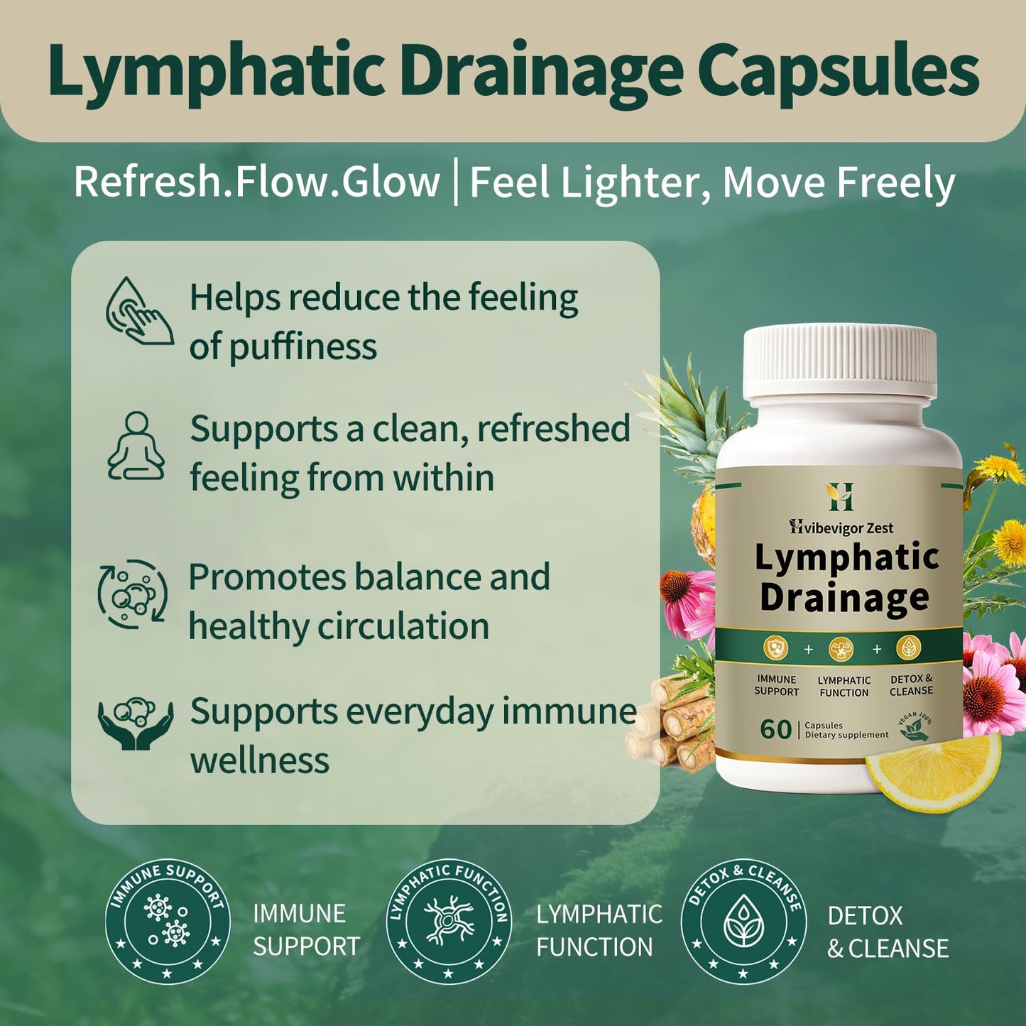 Lymphatic Drainage Supplement – Natural Herbal Formula with Dandelion, Burdock & Echinacea, Supports Fluid Balance, Immune Health & Cellulite Reduction – 60 Capsules - dailyvitalstore