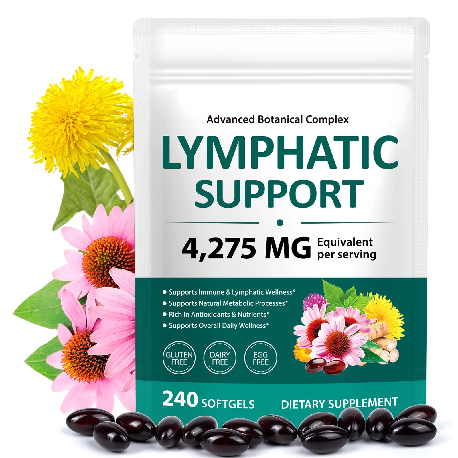 Lymphatic Drainage Supplements, 240 Softgels, Lymph System Support Supplement for Women & Men, 21-in-1 Herbal Blend with Echinacea, Burdock Root, Dandelion, Turmeric for Fluid Balance & Immune Support - dailyvitalstore