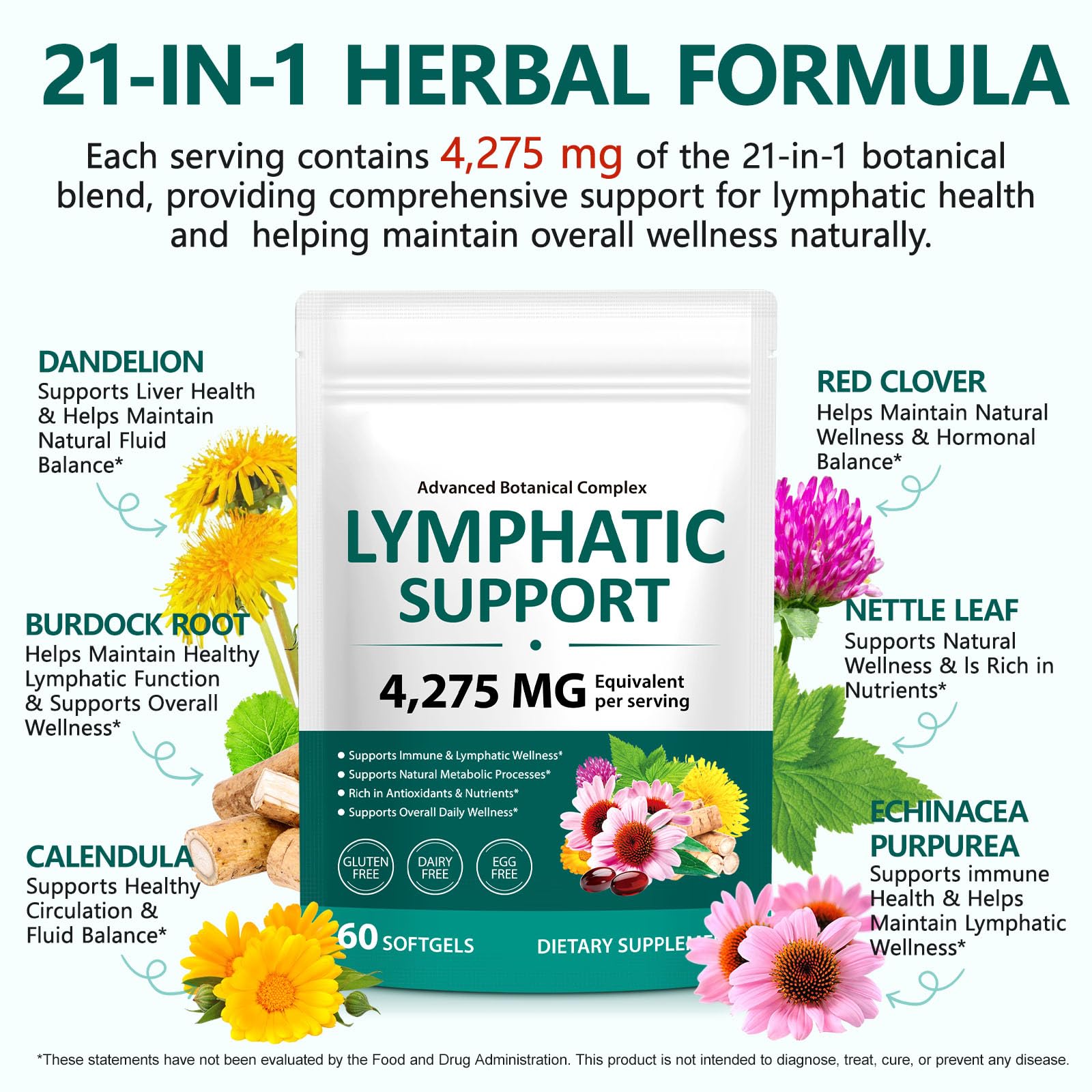 Lymphatic Drainage Supplements, 4275mg Lymph System Support for Women & Men, Herbal Lymphatic Complex with Dandelion, Burdock, Echinacea, Cleavers, Turmeric & Bromelain for Fluid Balance, 240 Capsules - dailyvitalstore