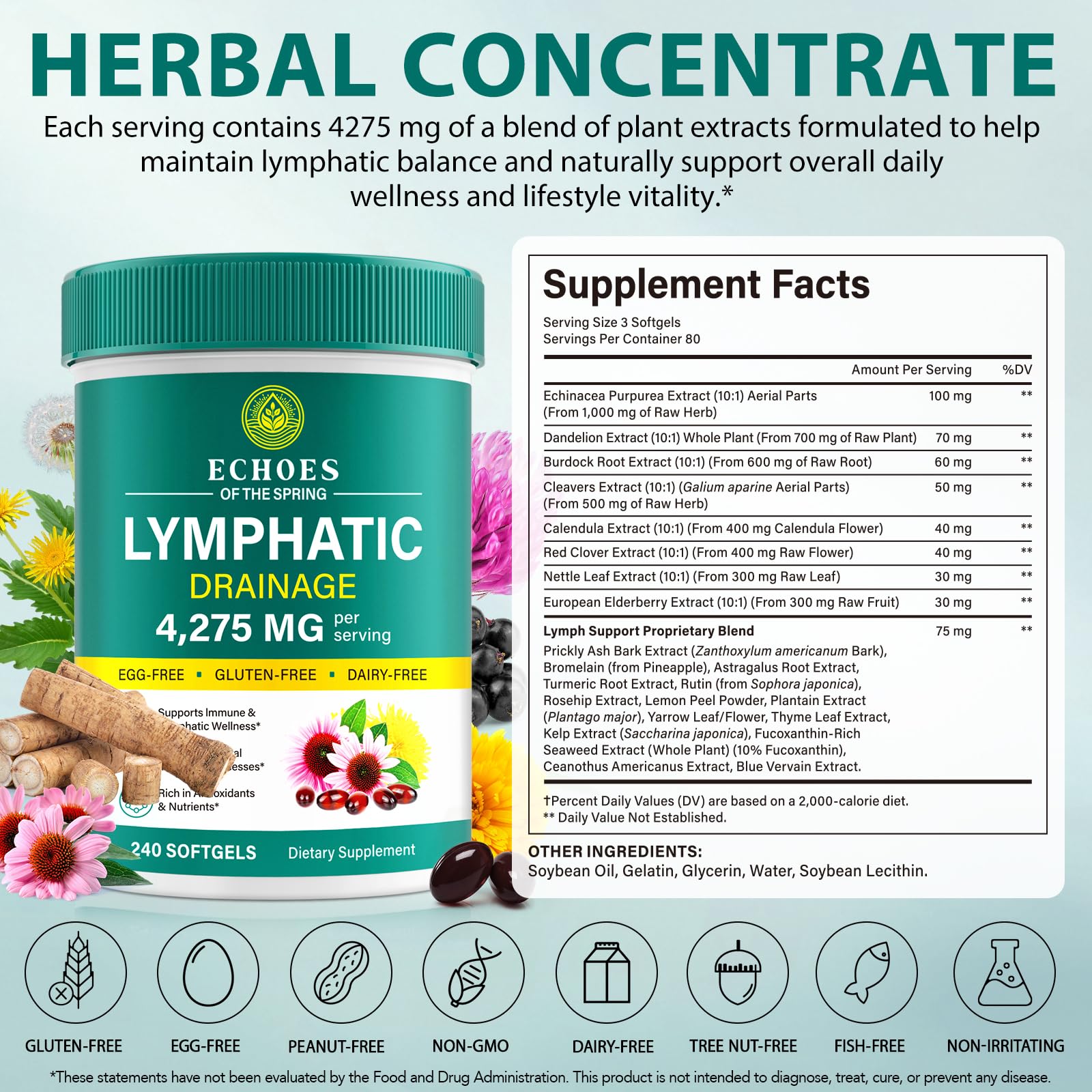 Lymphatic Drainage Supplements, 4275mg Lymph System Support Supplement for Women & Men, Daily Wellness Support, 21-in-1 Herbal Blend with Echinacea, Dandelion, Burdock, Turmeric & More, 240 Softgels - dailyvitalstore
