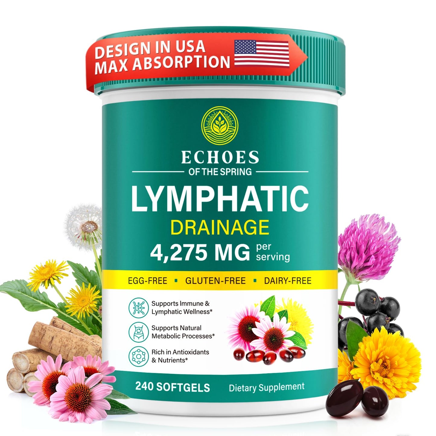 Lymphatic Drainage Supplements, 4275mg Lymph System Support Supplement for Women & Men, Daily Wellness Support, 21-in-1 Herbal Blend with Echinacea, Dandelion, Burdock, Turmeric & More, 240 Softgels - dailyvitalstore