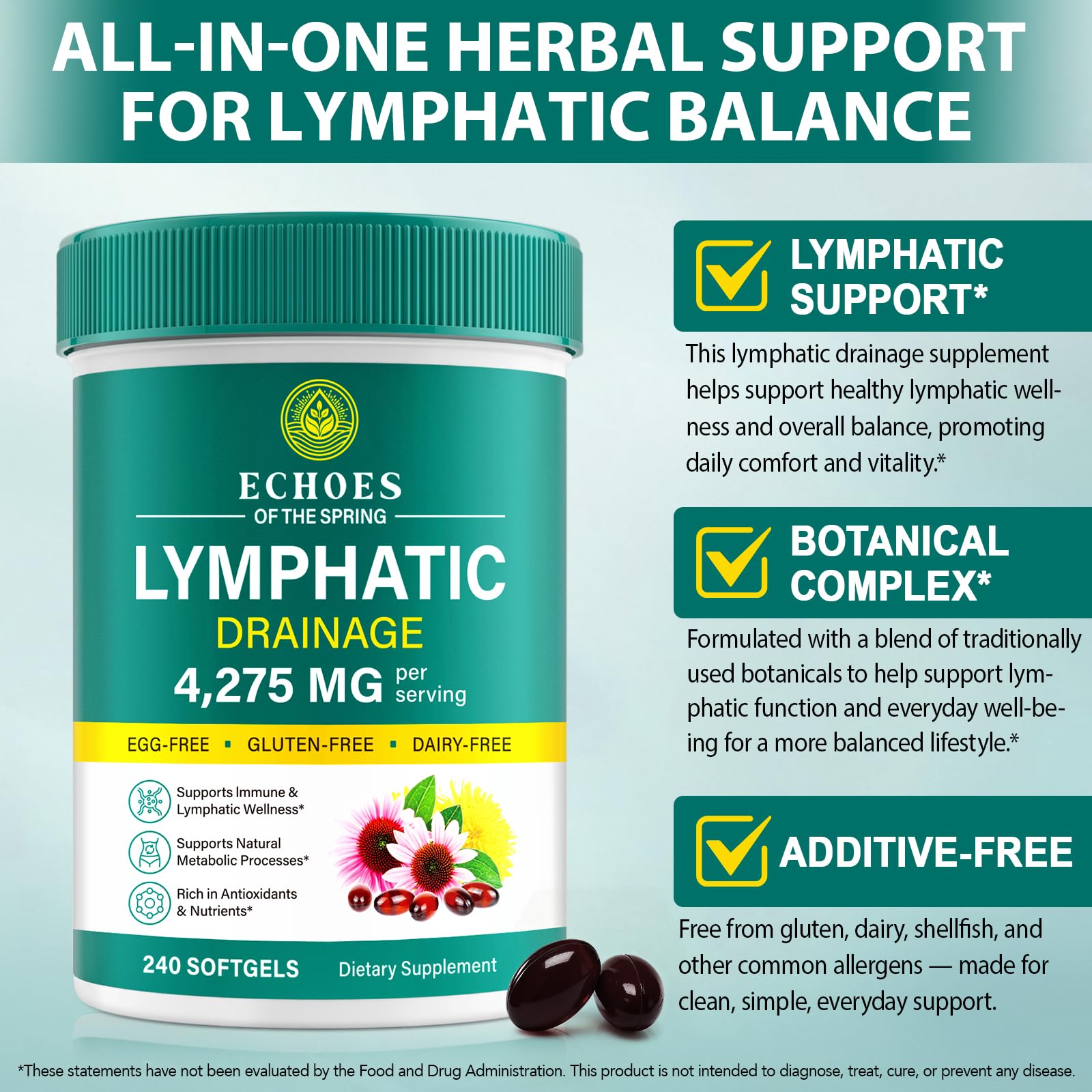 Lymphatic Drainage Supplements, 4275mg Lymph System Support Supplement for Women & Men, Daily Wellness Support, 21-in-1 Herbal Blend with Echinacea, Dandelion, Burdock, Turmeric & More, 240 Softgels - dailyvitalstore