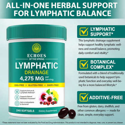 Lymphatic Drainage Supplements, 4275mg Lymph System Support Supplement for Women & Men, Daily Wellness Support, 21-in-1 Herbal Blend with Echinacea, Dandelion, Burdock, Turmeric & More, 240 Softgels - dailyvitalstore