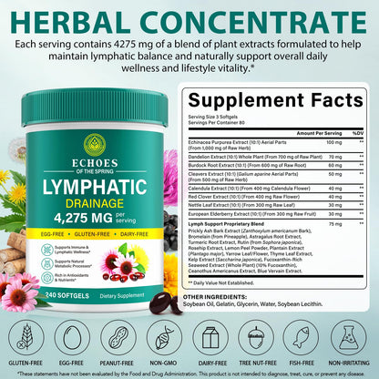 Lymphatic Drainage Supplements, 4275mg Lymph System Support Supplement for Women & Men, Daily Wellness Support, 21-in-1 Herbal Blend with Echinacea, Dandelion, Burdock, Turmeric & More, 240 Softgels - dailyvitalstore