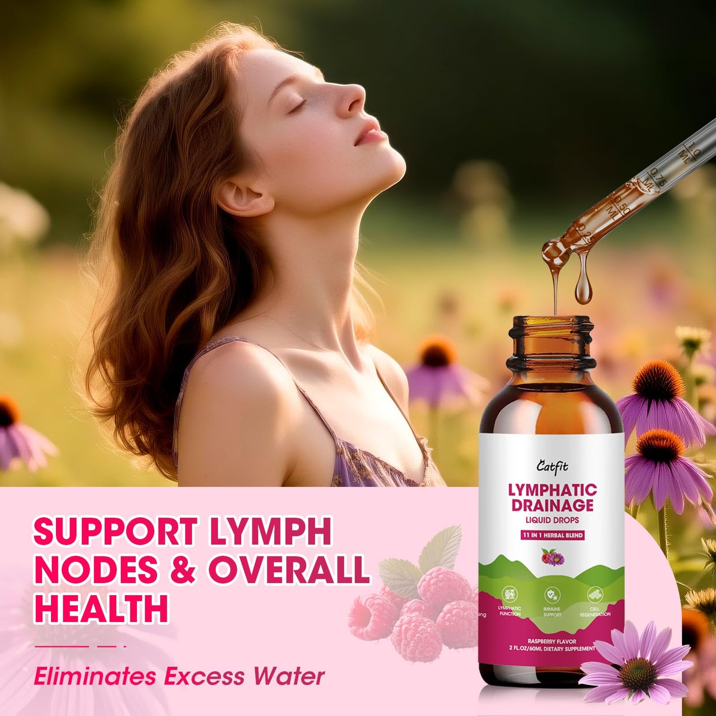 Lymphatic Drainage Supplements Drops for Immune, Lymph System Support, Cleanse & Detox, Liver Health with Echinacea,Elderberry,Cleavers Herb,Burdock, Calendula, Non-GMO, Raspberry Flavor, 2 Fl Oz - dailyvitalstore