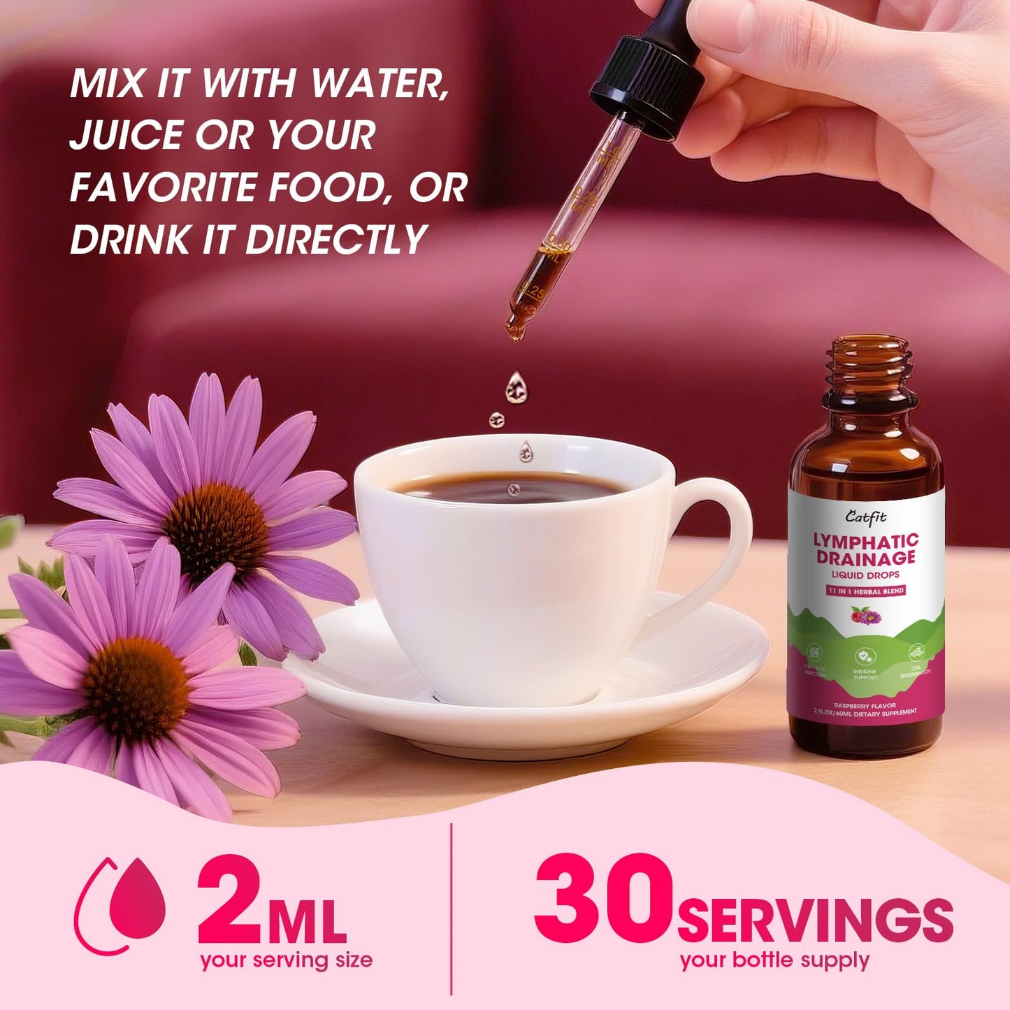 Lymphatic Drainage Supplements Drops for Immune, Lymph System Support, Cleanse & Detox, Liver Health with Echinacea,Elderberry,Cleavers Herb,Burdock, Calendula, Non-GMO, Raspberry Flavor, 2 Fl Oz - dailyvitalstore